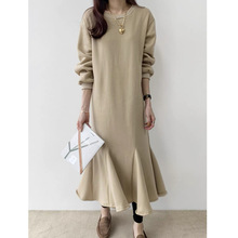 韩国chic秋冬简约慵懒风圆领卫衣裙宽松休闲长袖连衣裙长裙女批发