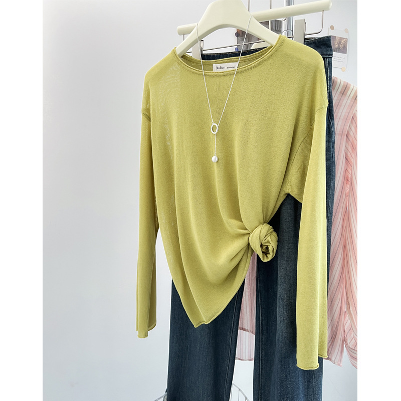 Liang Yixuan Lightweight Linen Cotton Breathable Comfortable Hazy Transparent Sense Sun Protection Air Sense Knitted Long Sleeve Blouse for Women