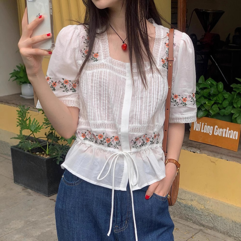 Korean Chic Summer French Ethnic Style Embroidered Flower Pleated Drawstring Waist Slimming Look Versatile Short-Sleeved Shirt for Women