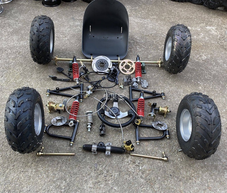 Modified Go-Kart Parts, Homemade Four-Wheel Vehicle with Front and Rear Suspension, Steering Wheel, 1m Rear Axle, 6/7/ 8inch Tires