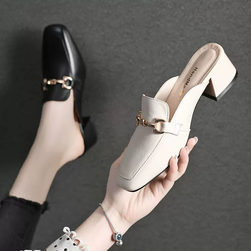 2022 Новый Баотоу Половина Тапки Женский внешний нанос толстый каблук дикий средний каблук квадратный каблук модные холодные тапочки