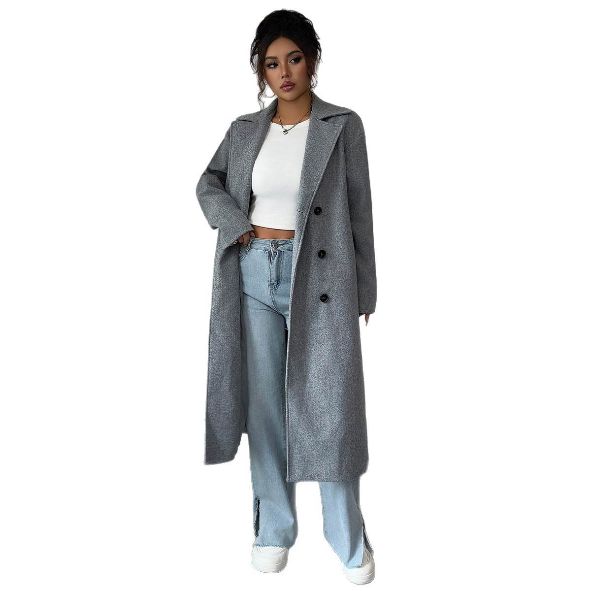 Elegant Button-Down Trench Coat For Women – Minimalist Long Coat In Soft Gray, Polyester, Office & Casual Wear_ecoleips.com