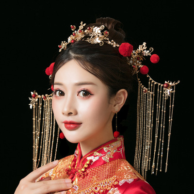 2019新娘秀禾服中式頭飾大氣結婚發飾步搖流蘇古裝秀禾鳳冠飾品