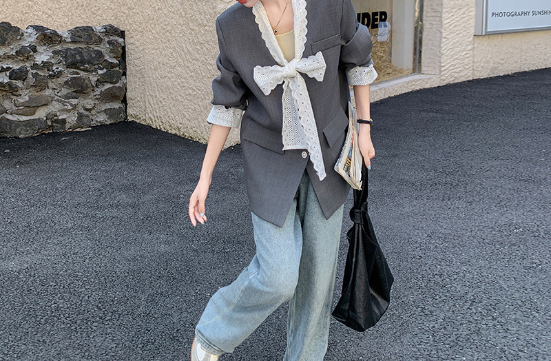 预售蕾丝拼接灰色休闲西装外套女春秋2025新款宽松显瘦气质西服|undefined