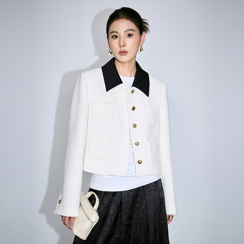 [Ben Chu] White French Texture Small Chanel Wool Coat Women's Spliced Collar Two-Wearing Short Tweed Jacket
