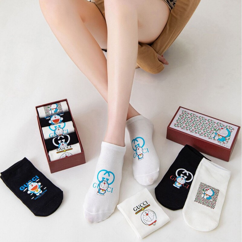 Boxed women's socks Doraemon x GUCCI collaboration 5-pair pack short socks spring and autumn thin cotton socks trendy one-piece drop shipping