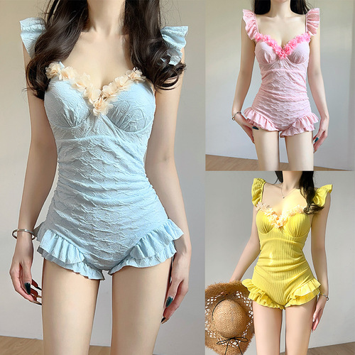 Swimsuit women's one-piece suspender solid color sweet slim and slim sexy pure and pure vacation hot spring bathing suit wholesale