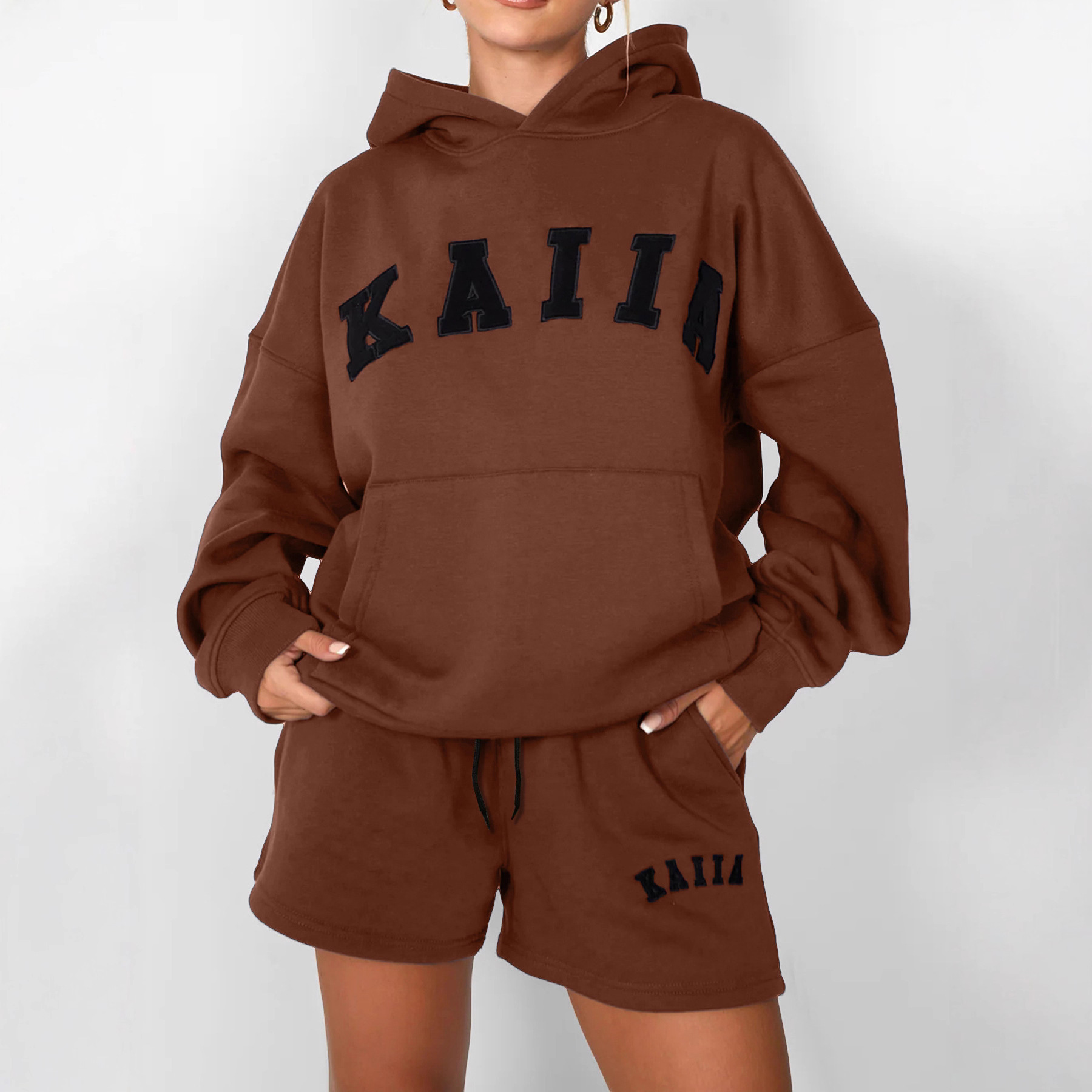 Amazon European and American Export New Women's Daily Sports Hooded Sweatshirt T-Shirt and Casual Shorts with Flap Pocket Pantss