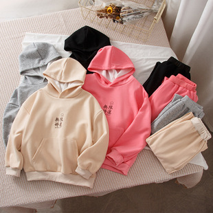 Sweater children's round neck hooded trousers top polyester cotton casual solid color sports suit boys and girls