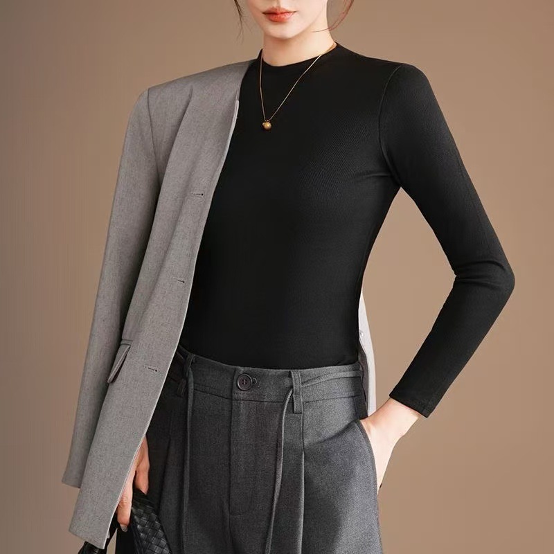 Autumn and winter women's base shirt with round neck, long sleeves, semi-high collar, slim fit, knitted, high elasticity, and warm base shirt