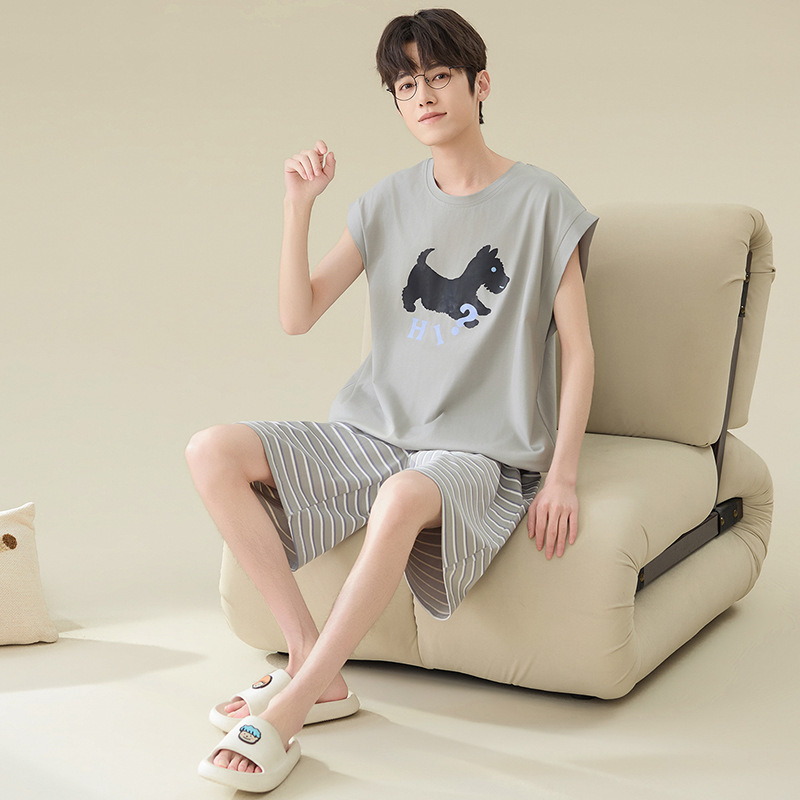 7A Antibacterial 5XL Sleeveless Vest Pure Cotton Cool Cotton Pajamas Men's Korean Style Cartoon Home Wear for Teenagers and Students