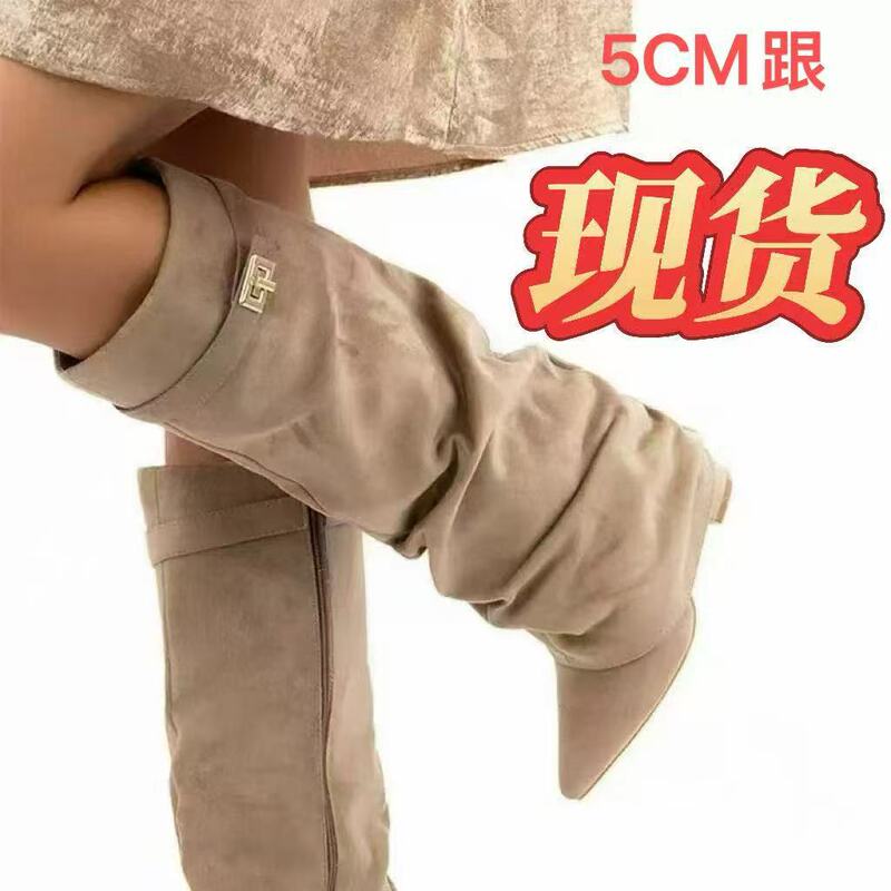 In stock 2026 foreign trade women's shoes pointed toe straight-leg pleated metal buckle mid-calf boots plus size chunky heel booties for women In stock 2026 foreign trade women's shoes pointed toe straight-leg pleated metal buckle mid-calf boots plus size chunky heel booties for women
