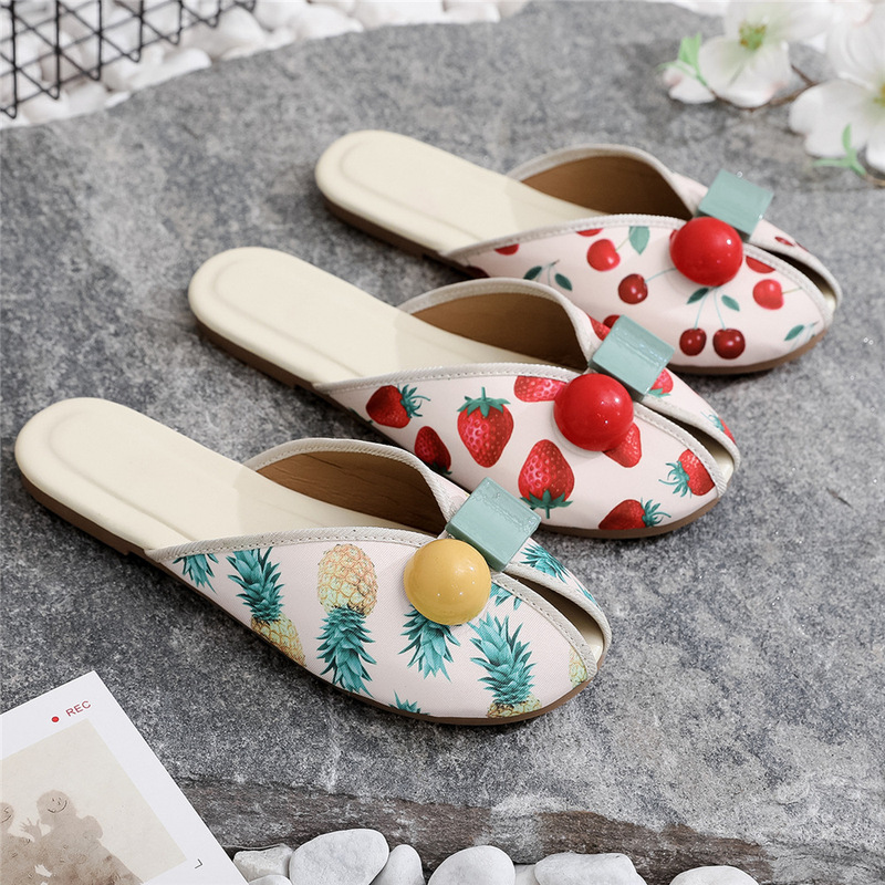 Strawberry Slippers Women's Outer Wear 2022 New Women's Shoes Flat Bottom Out Cherry Baotou Half Slippers Fish Mouth Beach Sandals