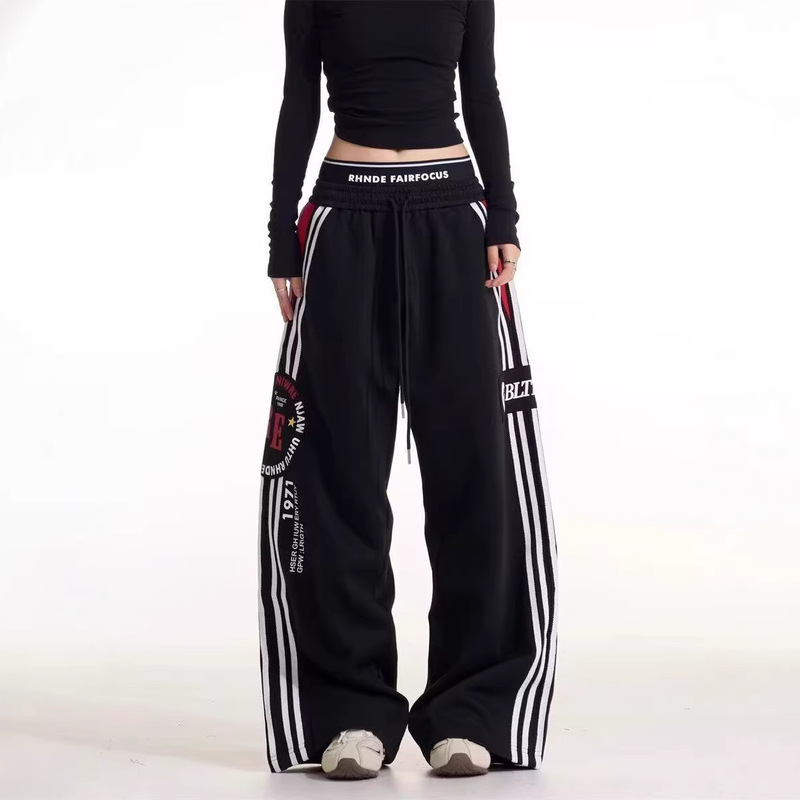 American-Style Cool and Spicy Side-Striped Sweatpants for Women with Patchwork Drawstring Waistband, Straight Wide-Leg Sports Dance Casual Long Pants American-Style Cool and Spicy Side-Striped Sweatpants for Women with Patchwork Drawstring Waistband, Straight Wide-Leg Sports Dance Casual Long Pants