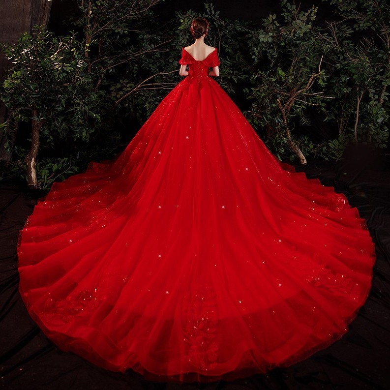 Vestido de novia principal de un solo hombro 2023 nueva novia Mori Red Super Fairy Dream Starry Sky French Light Luxury Cola