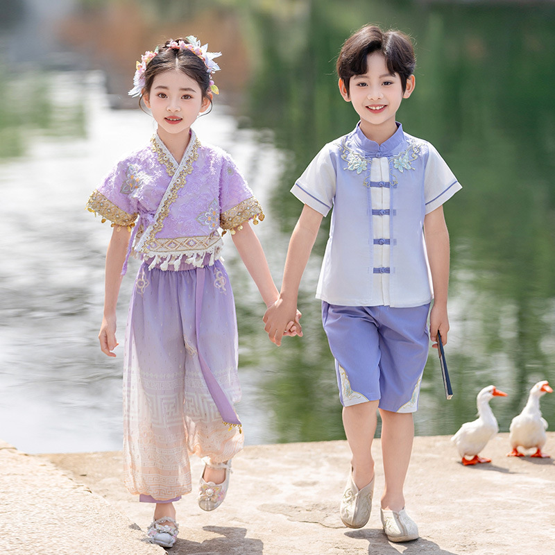 Children's Performance Clothing Summer Chinese Style Han Dynasty Short-Sleeved Blue Fragrant Boy Suit Girl Dress Performance Clothing Children's Performance Clothing Summer Chinese Style Han Dynasty Short-Sleeved Blue Fragrant Boy Suit Girl Dress Performance Clothing