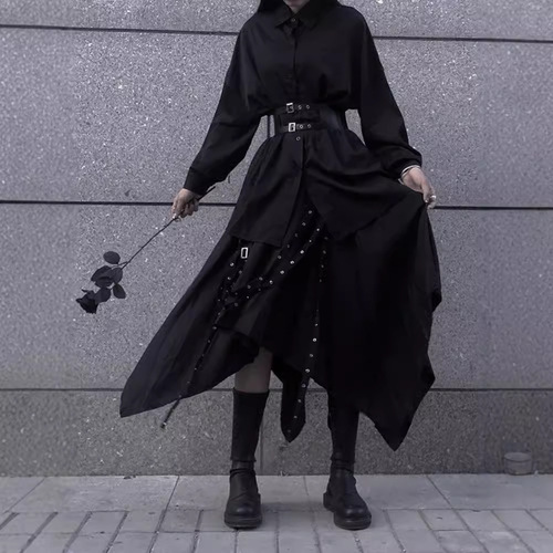 Mens Spring and Autumn Half-Body Skirt, High-Waisted Irregular Yamamoto Design, Dark Black Style Long Dress for Women, Retro