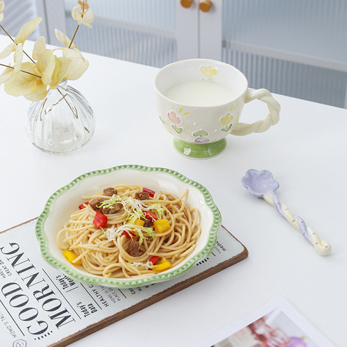 Hand-painted Relief Ceramic Plate Home Tableware Western Dinner Plate Pasta Plate Cute Fruit Plate Girl Heart Salad Plate Wholesale