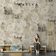 Katiya法式奶油风花朵风格复古典墙布电视背景墙壁纸手绘设计壁画