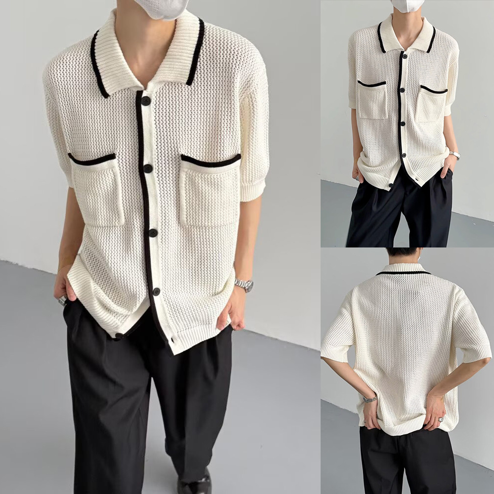 Polo camiseta de punto camiseta de manga corta camiseta con solapa cardigán hombre pequeño bolsillo de viento fragante viejo viento verano fábrica transfronteriza al por mayor