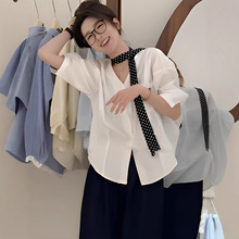 韩系气质V领飘带衬衫女2025春夏新款高级感简约气质中袖衬衣上衣