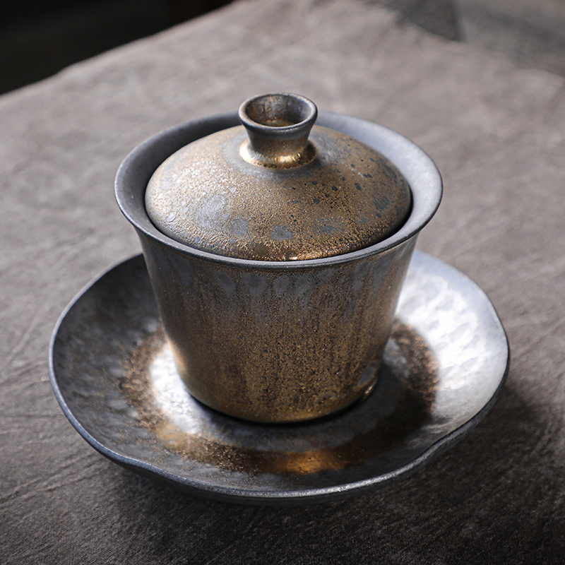 Stoare Sancai Covered Bowl Tea Cup Single Household Japanese Retro Gilded Rust Glaze Ceramic Kung Fu Tea Set Tea Bowl
