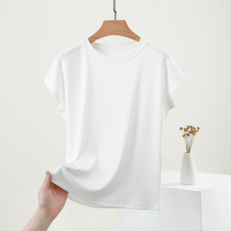 Modal manga corta máscara de hilo blanco camiseta elástica de verano de las mujeres cuello redondo 2022 nueva camisa de fondo suelta superior