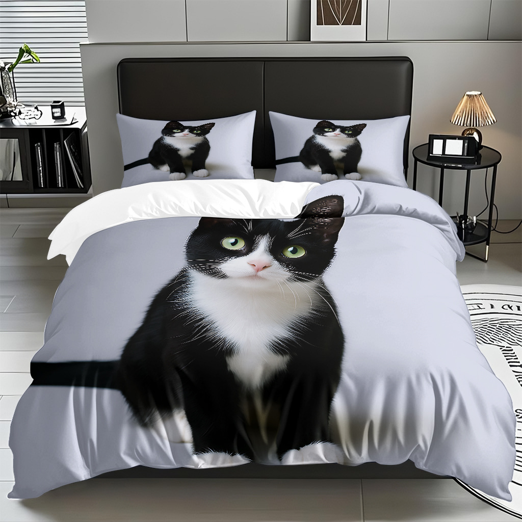 TEMU / JIT adorable gatito impresión digital suave set de colcha de edredón textil para el hogar se puede diseñar venta directa de fábrica