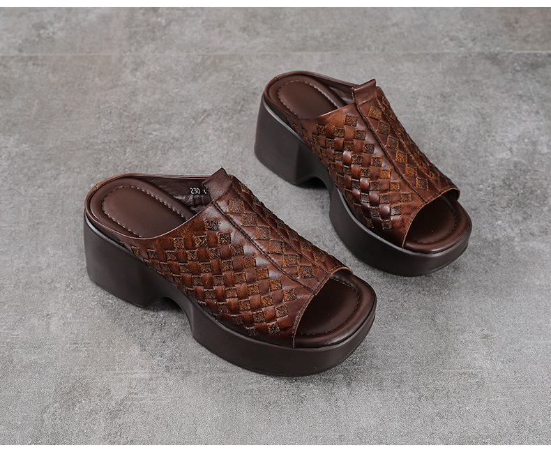 Sandal nữ da bò thật đế xuồng cao gót mũi hở kiểu dệt — màu nâu chi tiết 13