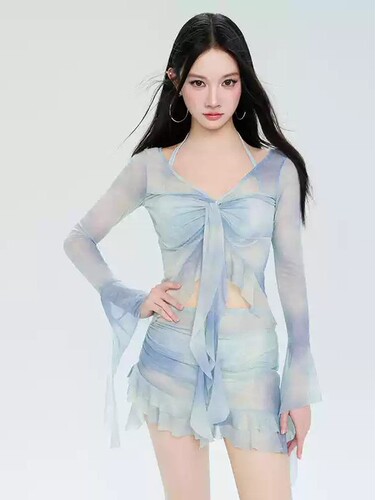 Women's 2026 New Split Skirt Style Tank Top Conservative Long Sleeve Sun Protection Sports Four-Piece Set Slimming Belly Covering Swimsuit