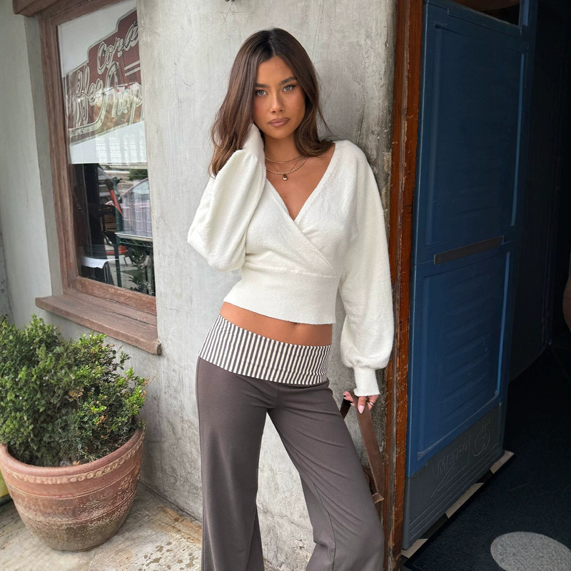 European and American Foreign Trade Autumn and Winter New Women's Long-Sleeve Knit Sweater with V-Neck, Back Tie, Open Back, and Short Wrap-Around Design European and American Foreign Trade Autumn and Winter New Women's Long-Sleeve Knit Sweater with V-Neck, Back Tie, Open Back, and Short Wrap-Around Design