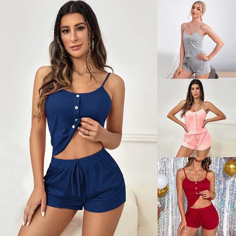 Summer New Cross-Border European and American Style Button-Up Camisole Set with Shorts, Can Be Worn Outside, Women's Pajamas, Loungewear Wholesale