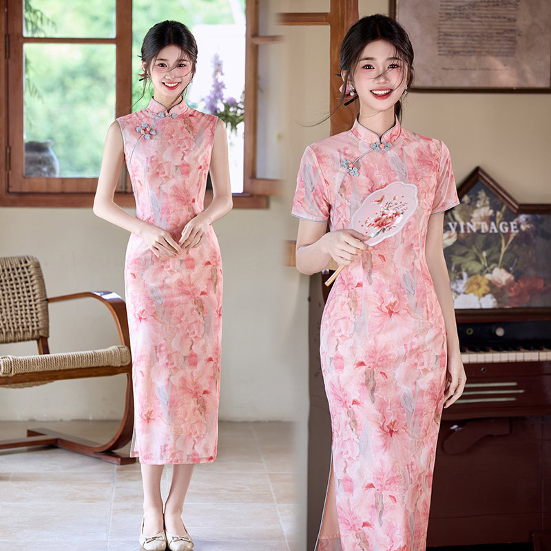 Pink Traditional Chinese Style Long Cheongsam Improved Young Style 2025 New Women's Retro Slim Short-Sleeved Summer Pink Traditional Chinese Style Long Cheongsam Improved Young Style 2025 New Women's Retro Slim Short-Sleeved Summer