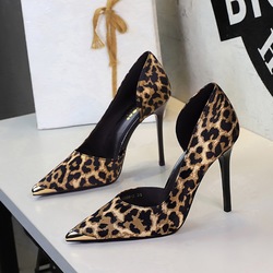 8626-5 stunning and sexy queen high heels, women's leopard print versatile slim high heels, side empty metal pointed toe temperament single shoes