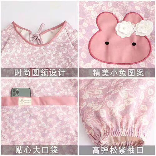 Bamboo Node Cotton Wear-resistant Breathable Apron Long Sleeve Cover-up Embroidery Pattern Large Pouch Workwear Kitchen Home Use Cooking Apron Waist Cover
