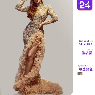2027新款欧美跨境女装连衣裙性感女宴会大气网纱长款鱼尾晚礼服女