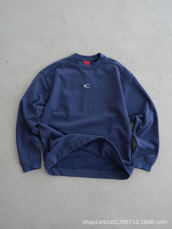 现货 vintage复古圆领宽松休闲刺绣中古款薄拉绒运动套头卫衣加绒|undefined