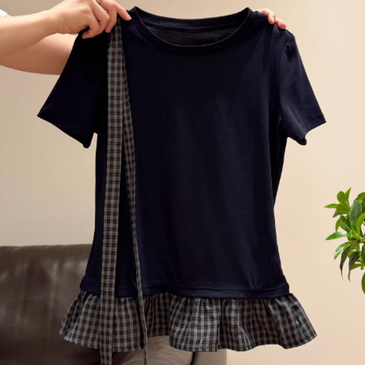 Women's Vintage Plaid Patchwork False Two-Piece Short Sleeve Tee - Slim Fit Retro Style Summer Top_ecoleips.com