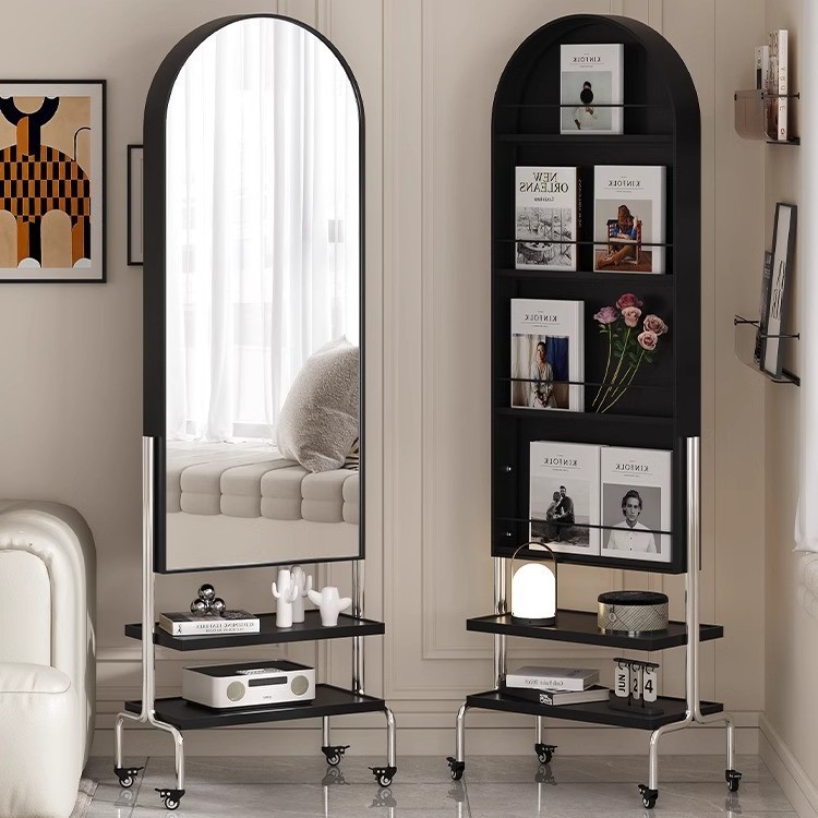 可移动全身镜落地镜家用收纳置物架杂志架卧室试衣镜旋转穿衣镜子