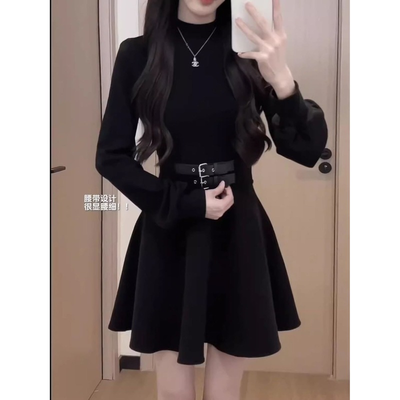 法式黑色内搭连衣裙子女秋冬2025年新款小个子掐腰裙约会穿搭礼服|undefined