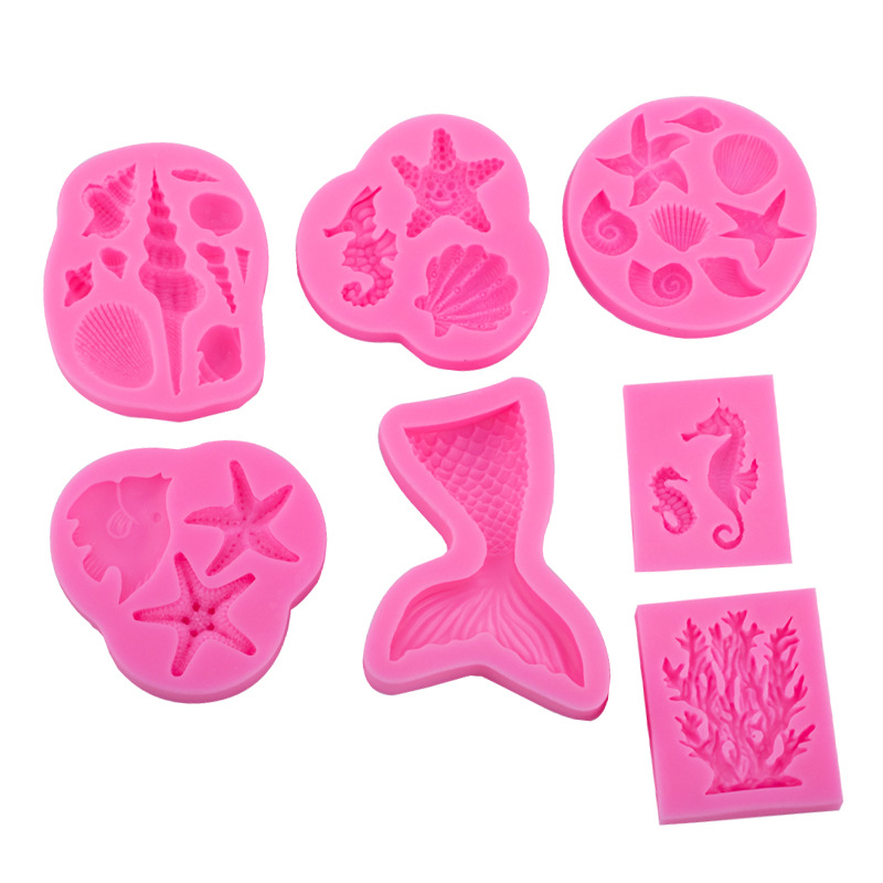 Océano serie sirena cola Shell Starfish Seahorse silicona molde fondant chocolate hornear decoración Accesorios