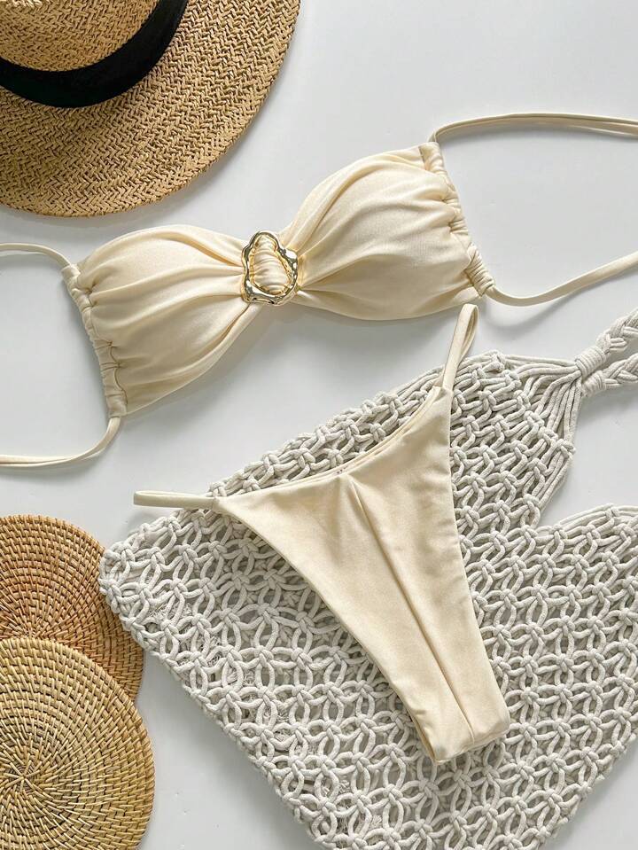 2025 Traje de baño europeo y americano transfronterizo dividido color sólido y doble tela brillante sexy bikini comercio exterior