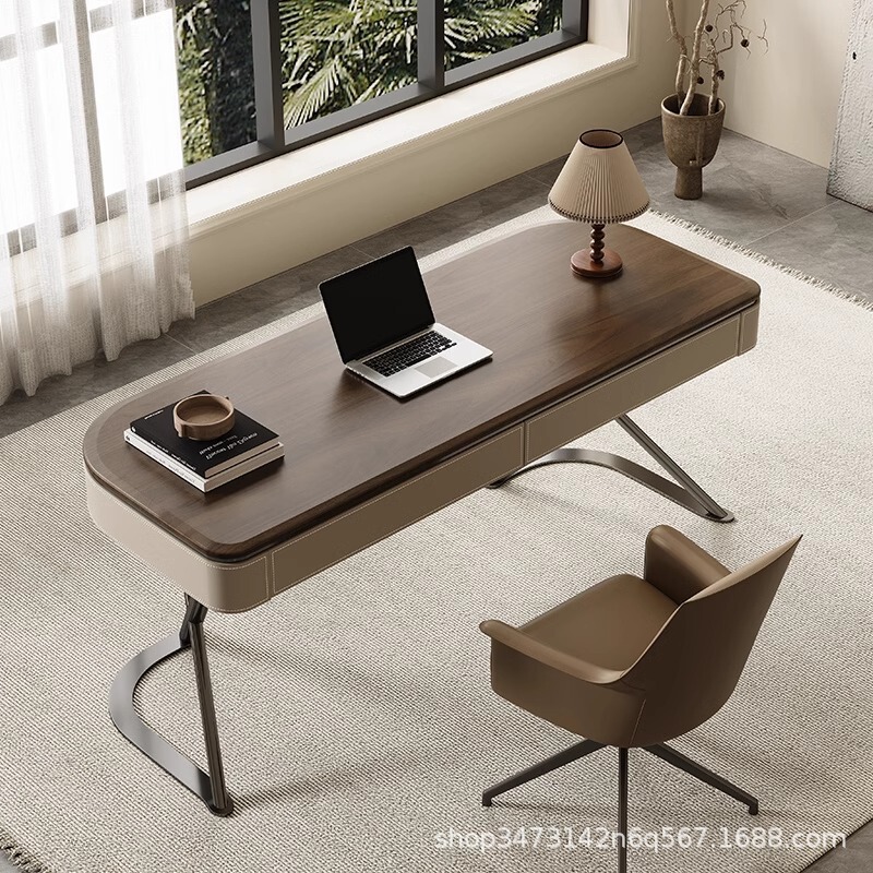 Solid Wood Desk Modern Minimalist Home Living Room Study High-end Light Luxury Desk Walnut Saddle Leather Computer Desk
