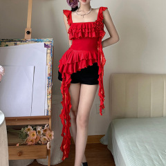 跨境歐美風2024夏季新款女裝時尚大氣褶皺無袖荷葉邊設計感上衣