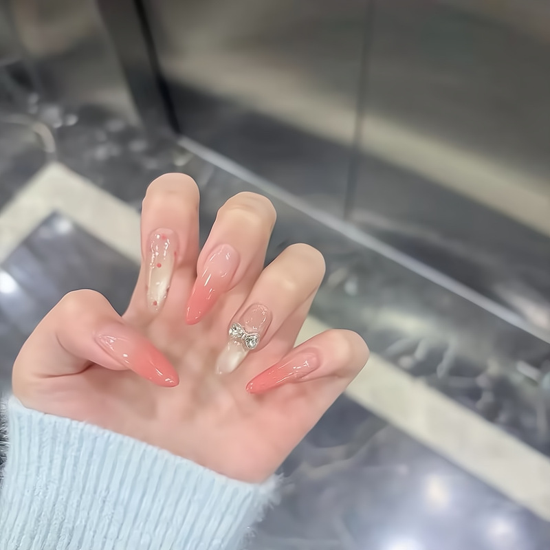 [Original by Ling Luo] Sweet Girl-Style Peach Pink Polka Dot Bow Gentle Temperament Handmade Nail Art Wholesale