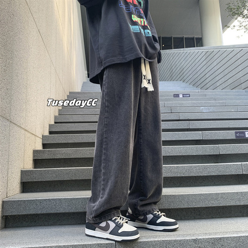 High Street Jeans Men Autumn Loose Straight Leg Wide Leg Pants Trend Brand Versatile American Retro Elastic Waist Casual Pants
