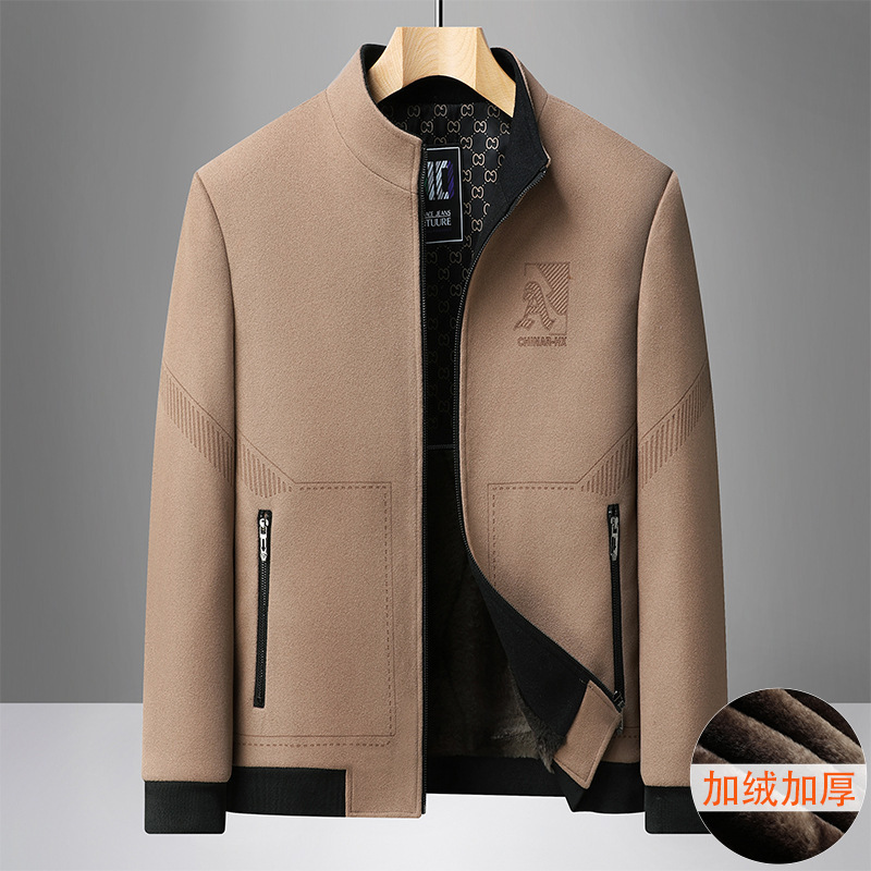 High-end woolen coat for middle-aged and elderly men, short style, new autumn and winter casual fleece-lined jacket, stand-up collar woolen winter wear