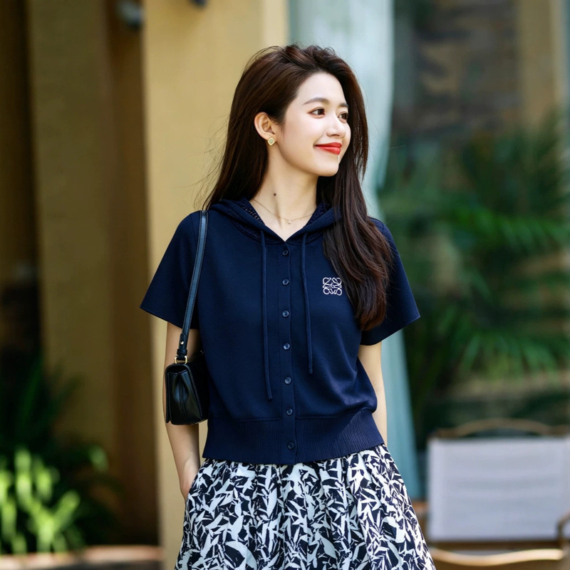 Lo**26 Summer Linen-Feel 100% Tencel Cool and Comfortable Casual Hooded Versatile Korean-Style Cardigan Knit Short-Sleeve