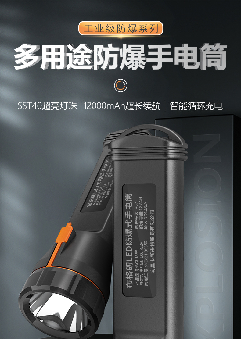 Bouguignon Explosion-Proof Flashlight for Shipyard Sandblasting and Painting, Rechargeable Fire Inspection Led Light with Explosion-Proof Strong Light