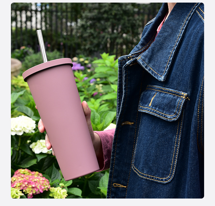395g Weight White, Pink, Purple, Green, Blue, Yellow, Black Color Factory Direct Supply Large Capacity 700ml Stainless Steel Vacuum Cup Simple Car Cup With Straw Outdoor Portable Coffee Cup 1